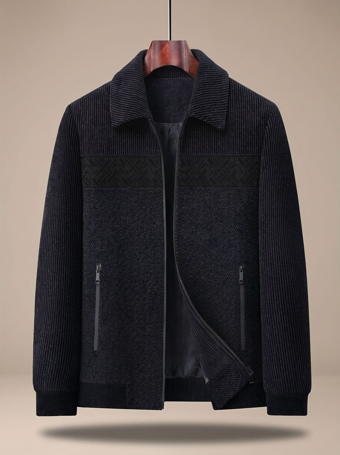 Cozy Corduroy Harrington Jacket for Men with Point Collar Long Sleeve Zip Front Ribbed Hem Style