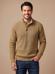 Cozy Waffle Knit Sweater for Men with Stand Collar Long Sleeve Button Placket Elbow Patch Style
