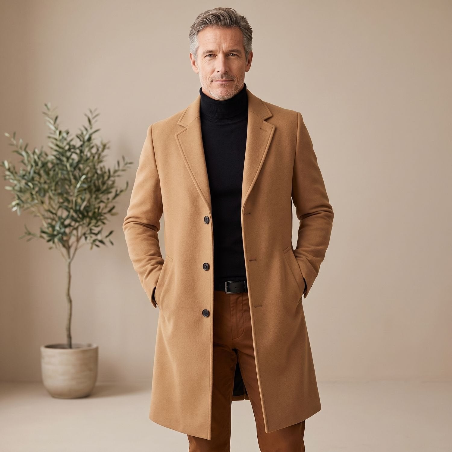 Classic Brown Wool Overcoat for Men with Notched Lapel Button Front Long Sleeve Longline Winter Style