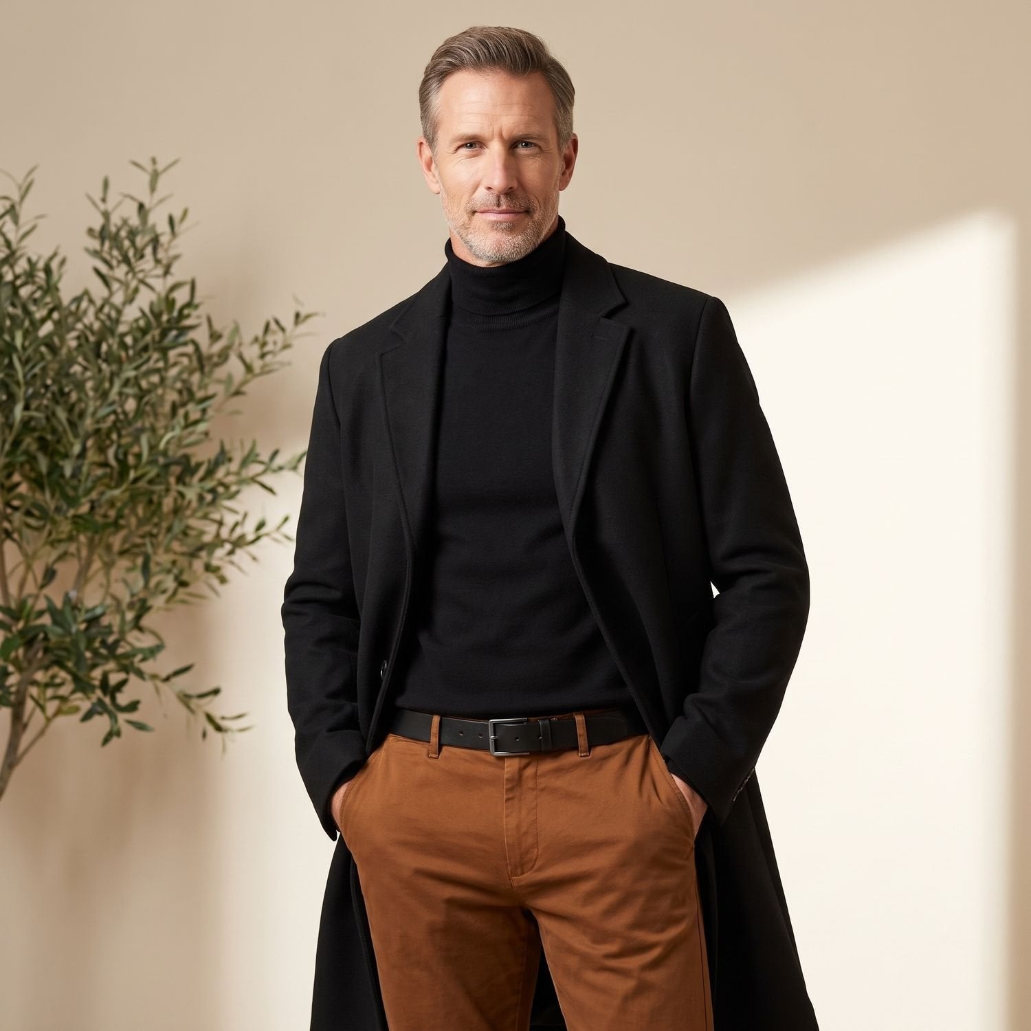 Classic Brown Wool Overcoat for Men with Notched Lapel Button Front Long Sleeve Longline Winter Style