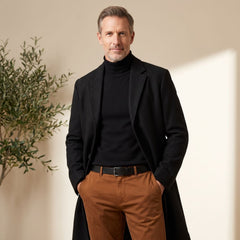 Classic Brown Wool Overcoat for Men with Notched Lapel Button Front Long Sleeve Longline Winter Style