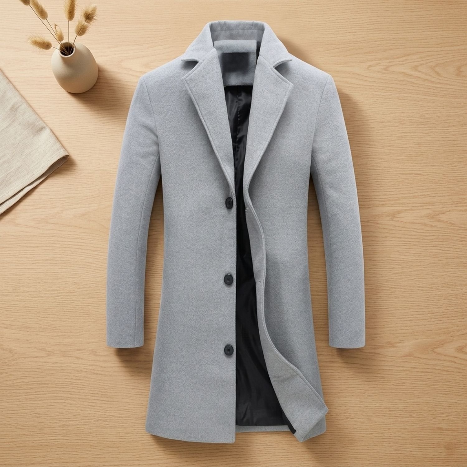 Classic Brown Wool Overcoat for Men with Notched Lapel Button Front Long Sleeve Longline Winter Style
