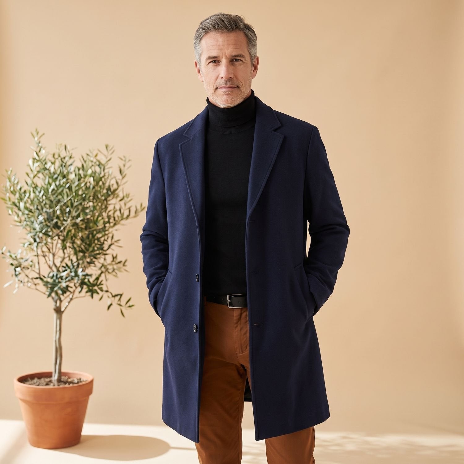 Classic Brown Wool Overcoat for Men with Notched Lapel Button Front Long Sleeve Longline Winter Style