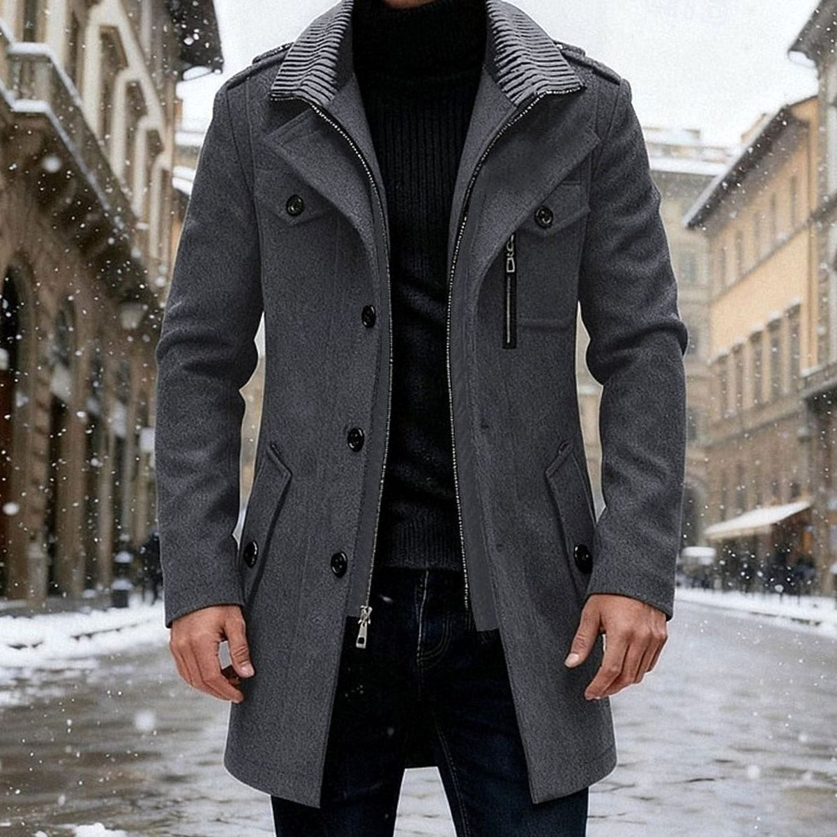 Cozy Wool Coat for Men with Stand Collar Long Sleeve Zip Button Tailored Overcoat Winter Style
