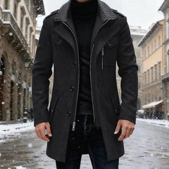 Cozy Wool Coat for Men with Stand Collar Long Sleeve Zip Button Tailored Overcoat Winter Style