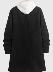 Cozy Black Wool Pea Coat for Men with Peak Lapel Long Sleeve Double Breasted Tailored Overcoat Style