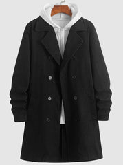 Cozy Black Wool Pea Coat for Men with Peak Lapel Long Sleeve Double Breasted Tailored Overcoat Style