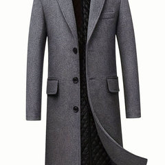Cozy Gray Wool Long Overcoat for Men with Notched Lapel Long Sleeve Single Breasted Tailored Style