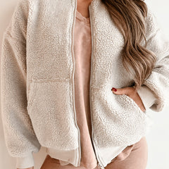 Cozy Beige Bomber Jacket for Women with Ribbed Collar Long Sleeve Zip Up Fluffy Teddy Fleece Style