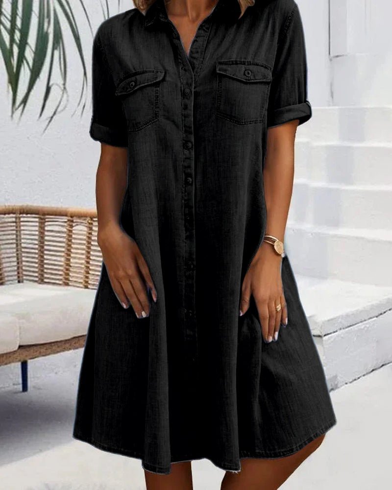 Effortless Denim Dress for Women with Collar Short Sleeve Button Front Swing Casual Style