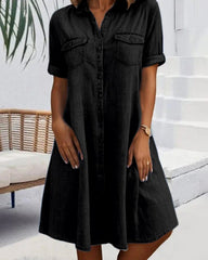 Effortless Denim Dress for Women with Collar Short Sleeve Button Front Swing Casual Style