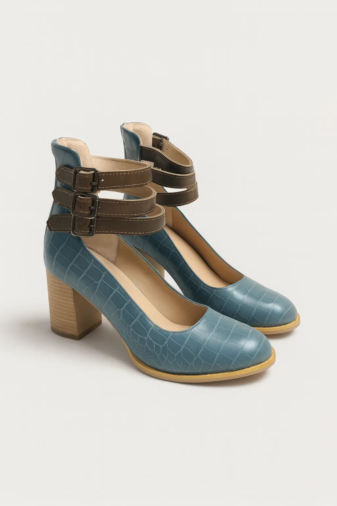 Elegant Leather Mary Jane Shoes for Women with Round Toe Triple Buckle Strap Block Heel Pump Styl