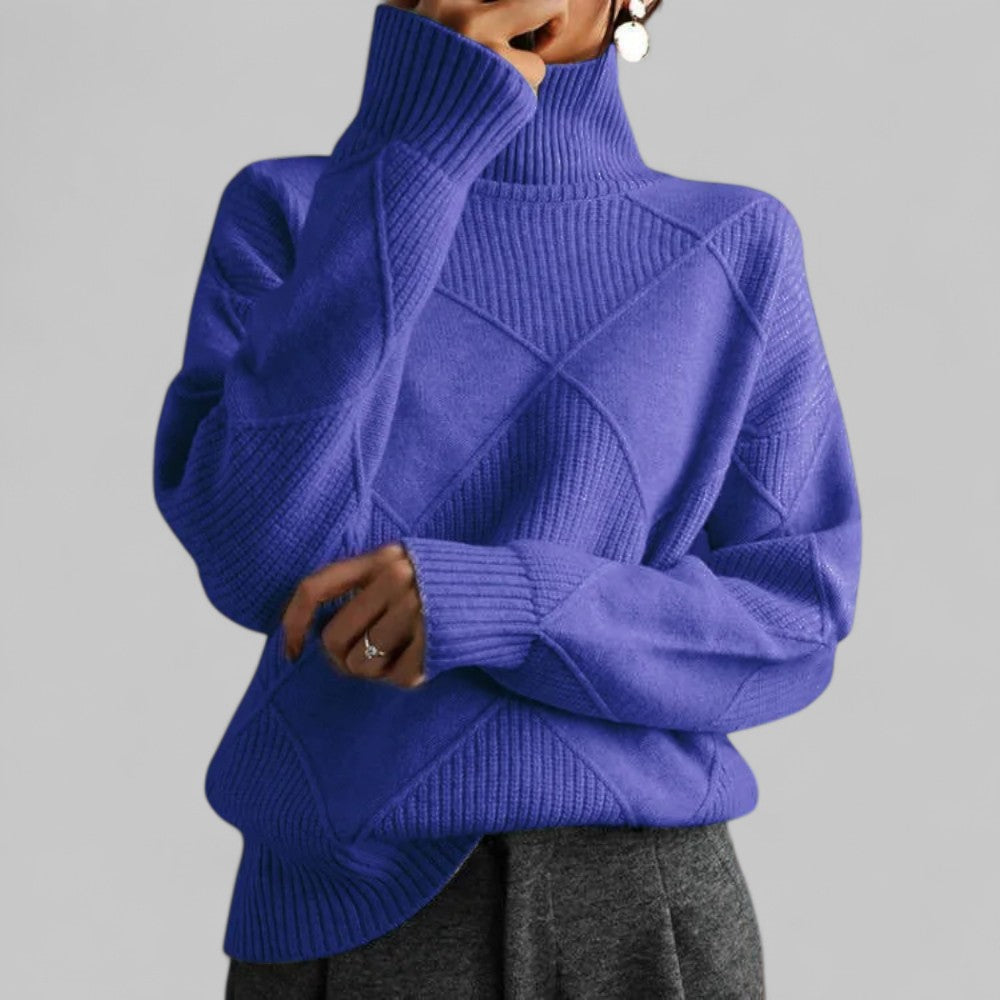 Cozy Black Oversized Sweater for Women with Turtleneck Long Sleeve Diamond Knit Relaxed Pullover Style