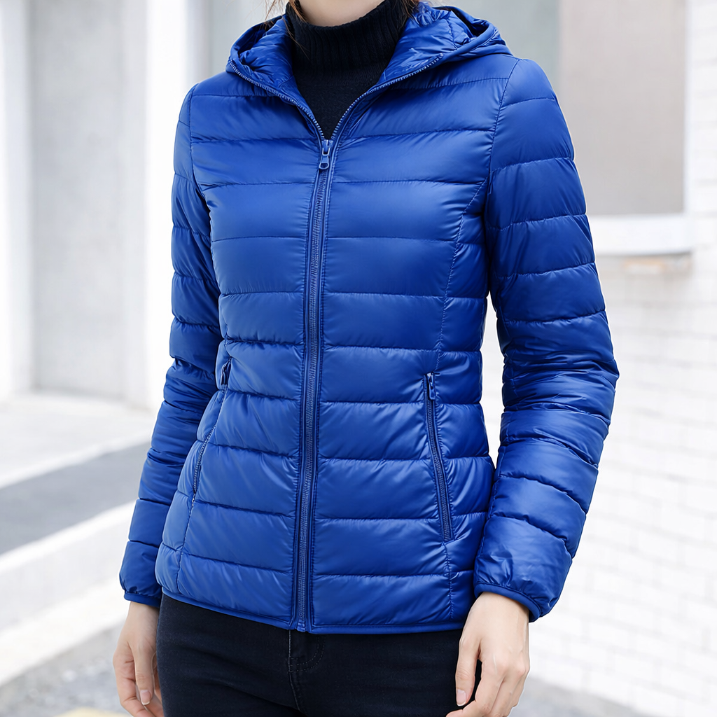 Sleek Hooded Puffer Jacket for Women with Zip Front Lightweight Quilted Insulated Packable Winter Style