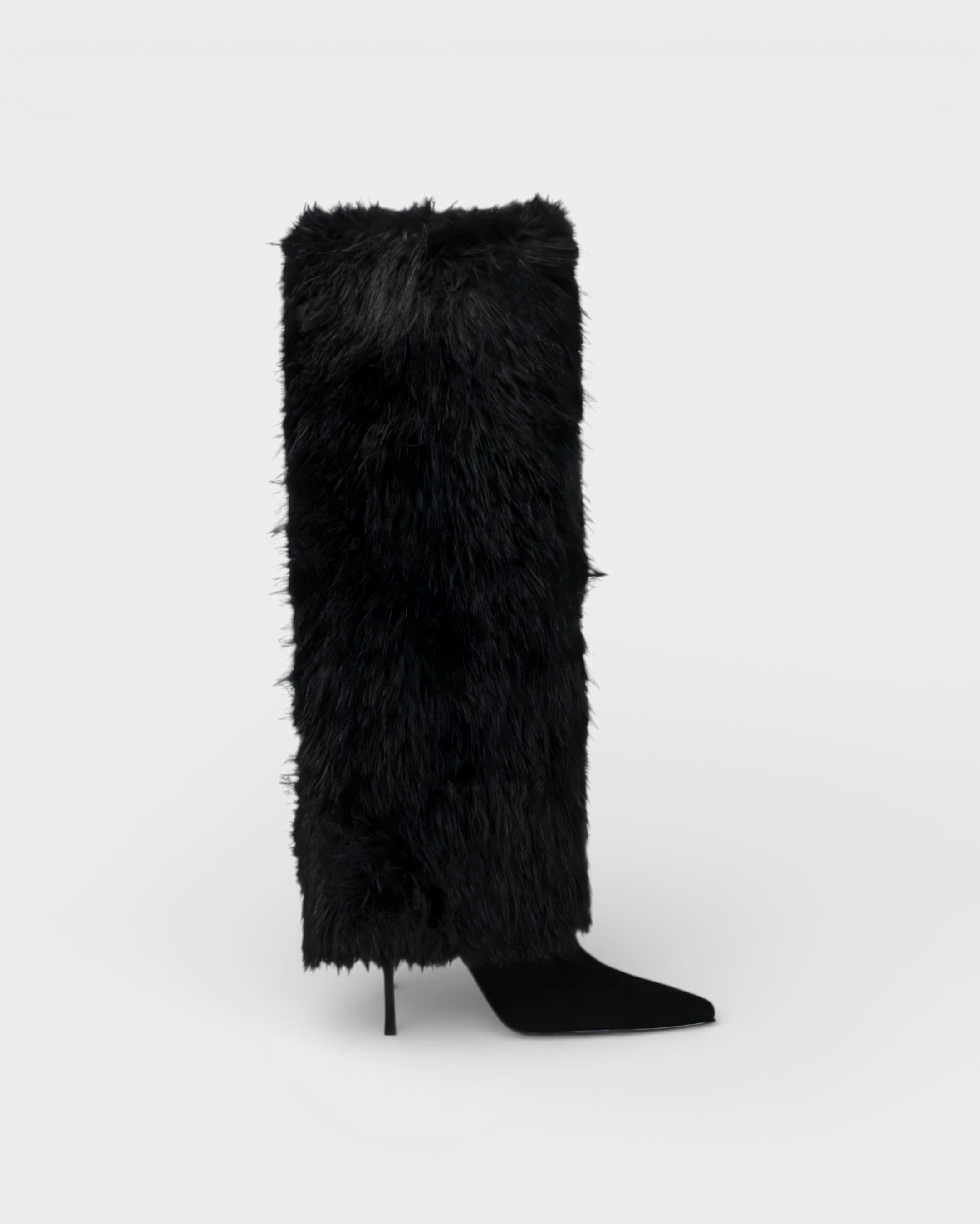 Elegant Faux Fur Knee High Boots for Women with Pointed Toe Stiletto Heel Shaggy Statement Style