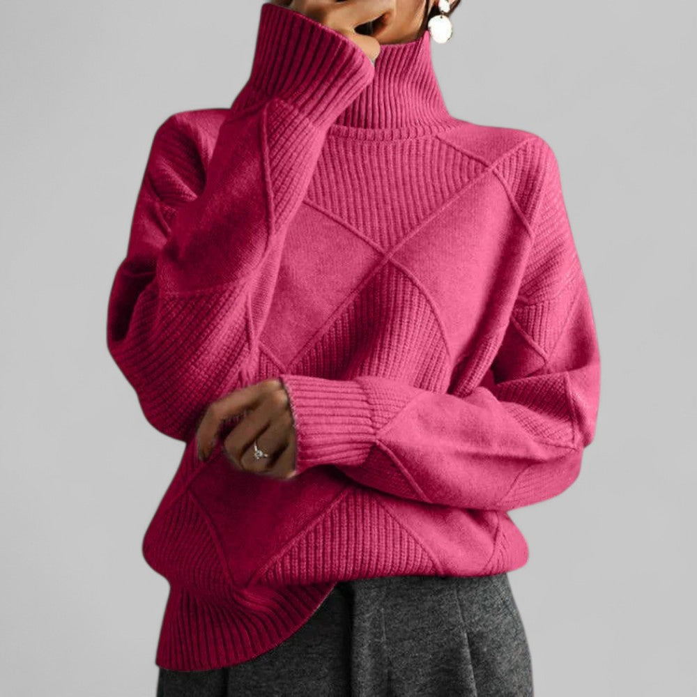 Cozy Black Oversized Sweater for Women with Turtleneck Long Sleeve Diamond Knit Relaxed Pullover Style