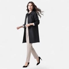 Elegant Wool Trench Coat for Women with Point Collar Long Sleeve Double Breasted Belted Style
