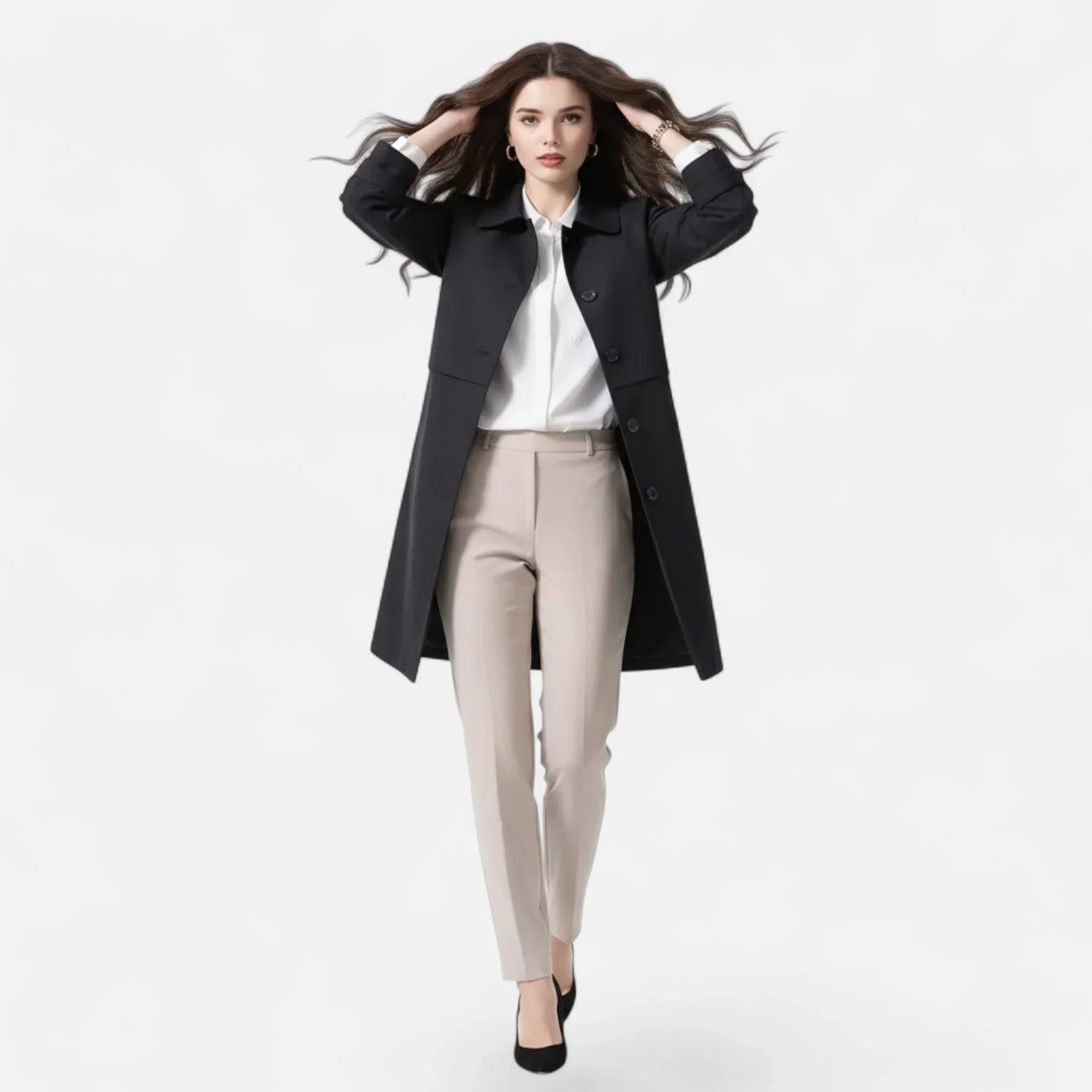 Elegant Wool Trench Coat for Women with Point Collar Long Sleeve Double Breasted Belted Style