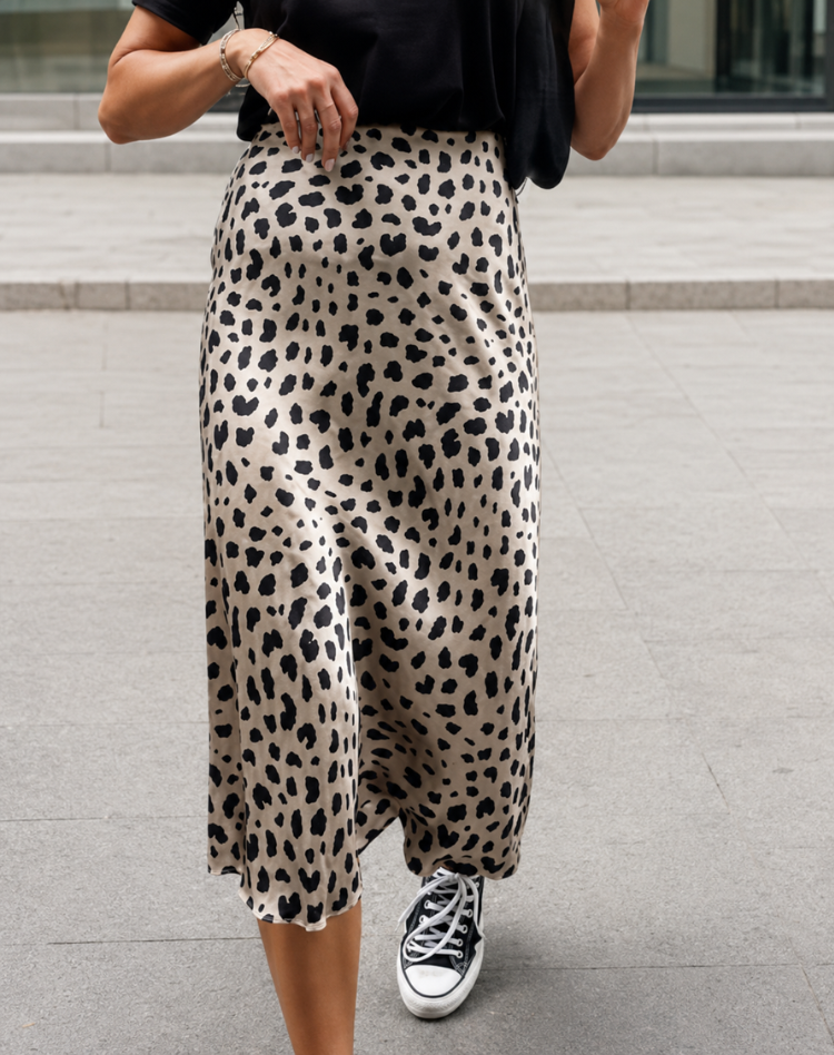 Elegant Leopard Print Satin Midi Skirt for Women with High Waist Bias Cut Flowing Style