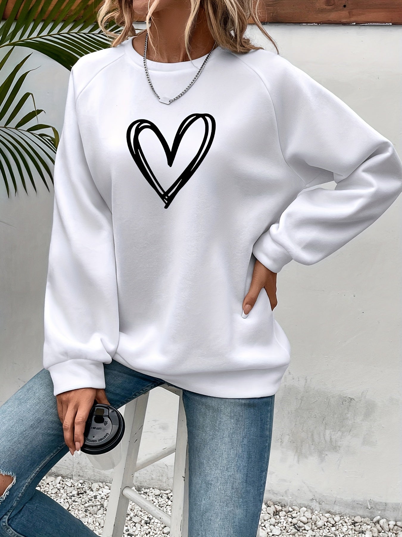 Cozy Oversized Sweatshirt for Women with Crew Neck Long Sleeve Heart Print Relaxed Style