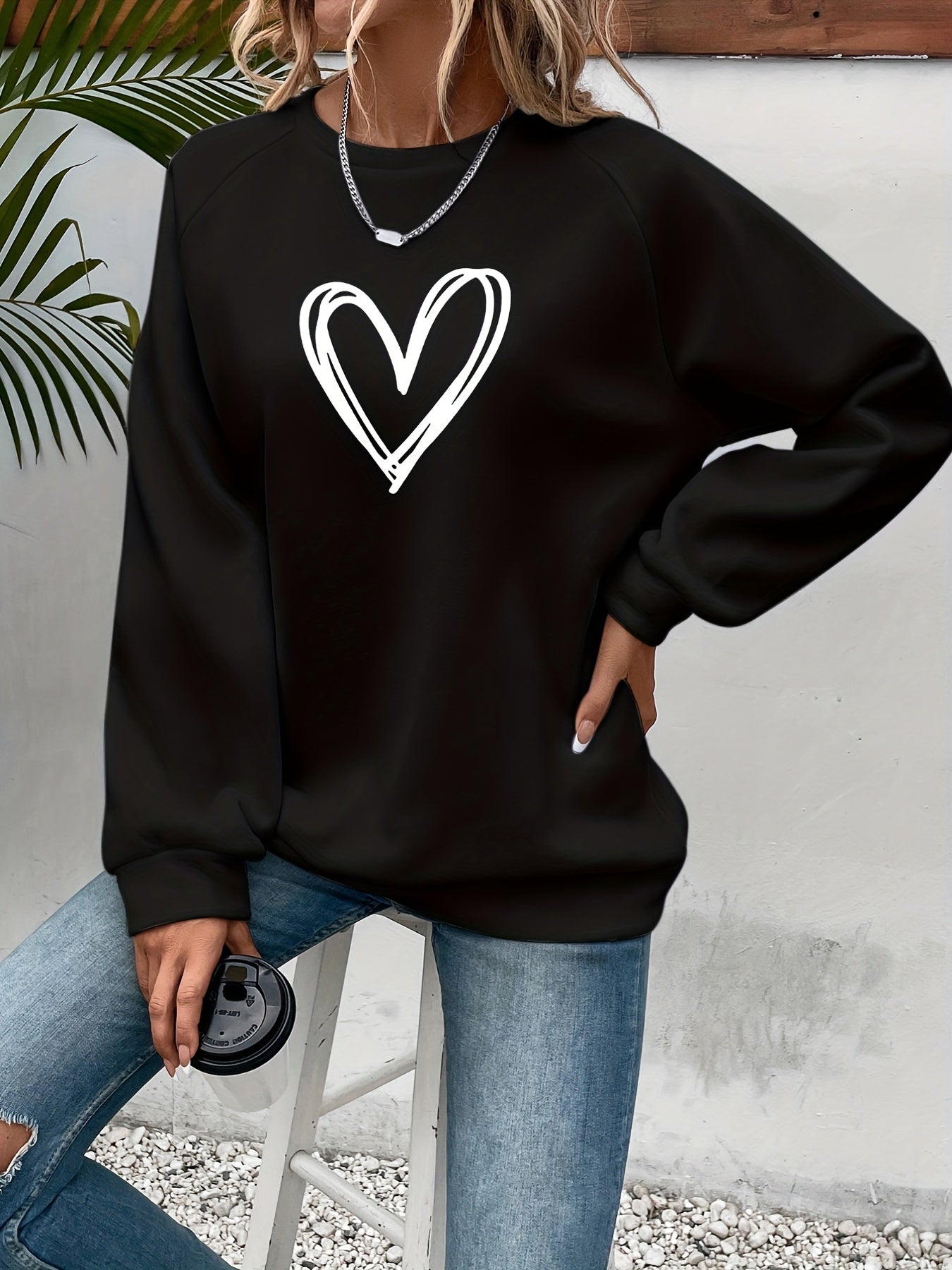 Cozy Oversized Sweatshirt for Women with Crew Neck Long Sleeve Heart Print Relaxed Style