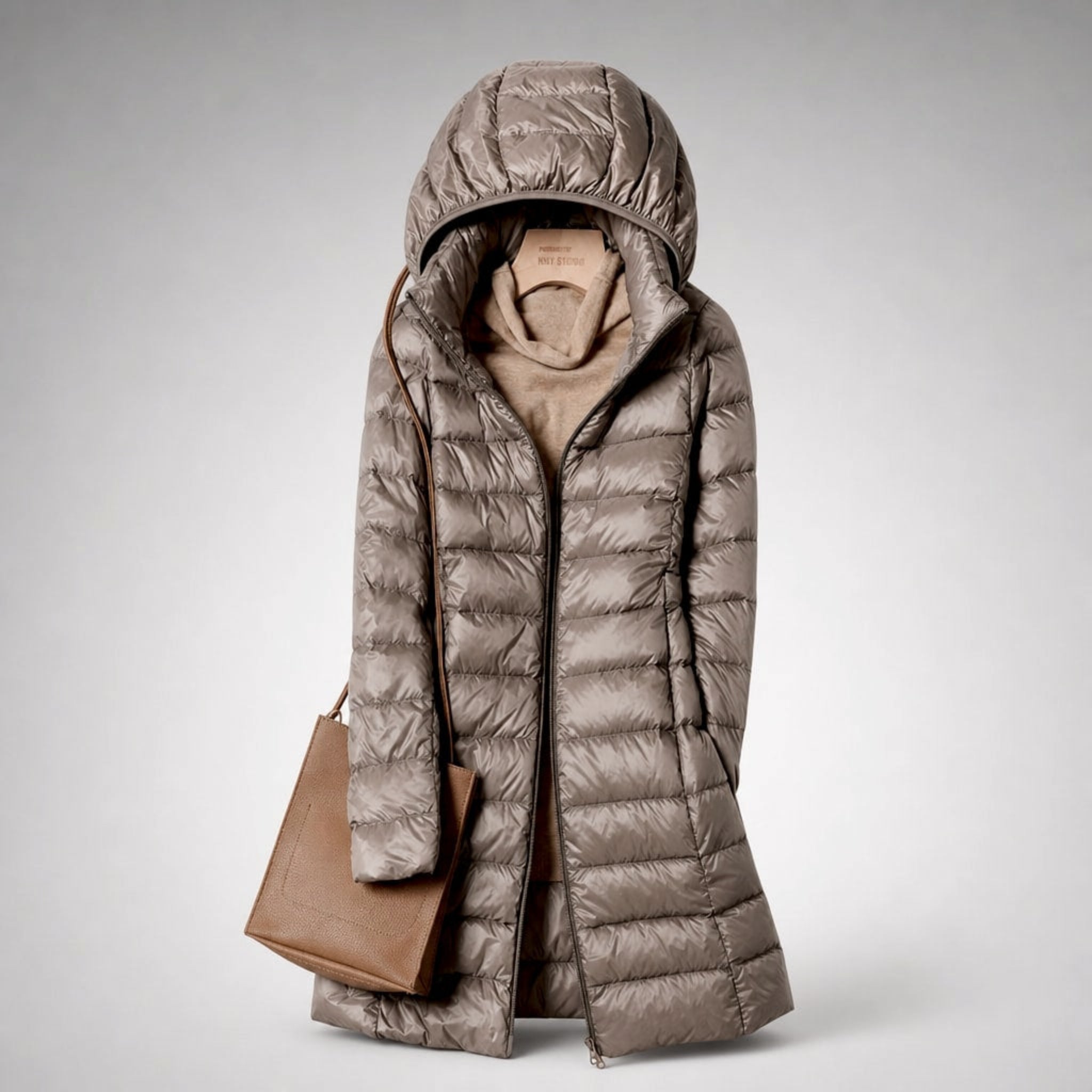 Cozy Longline Puffer Jacket for Women with Hooded Collar Long Sleeve Zip Up Lightweight Style