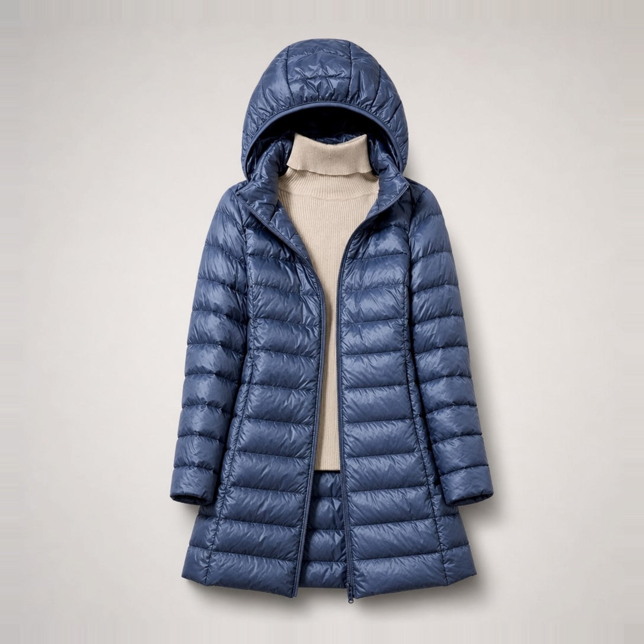 Cozy Longline Puffer Jacket for Women with Hooded Collar Long Sleeve Zip Up Lightweight Style