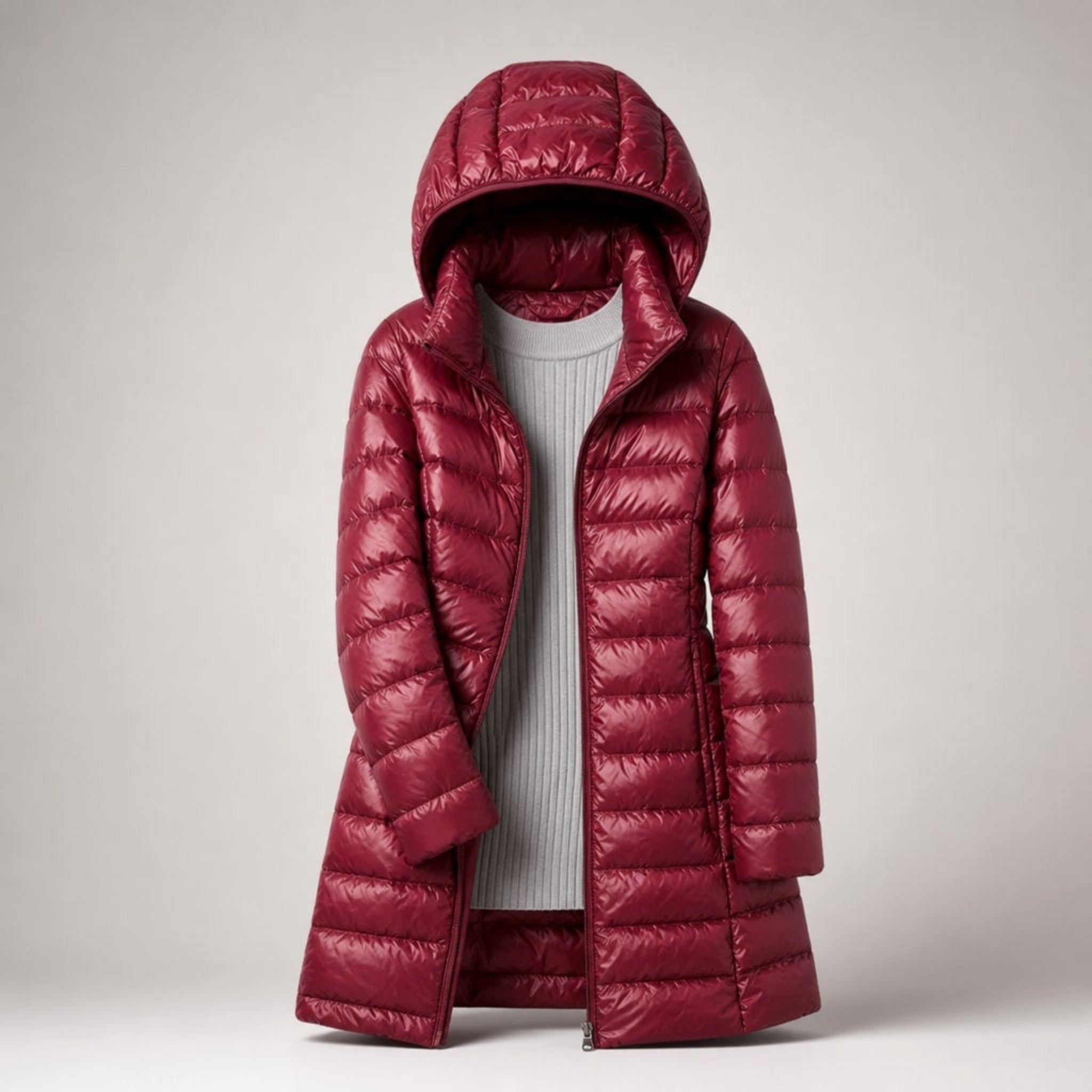 Cozy Longline Puffer Jacket for Women with Hooded Collar Long Sleeve Zip Up Lightweight Style