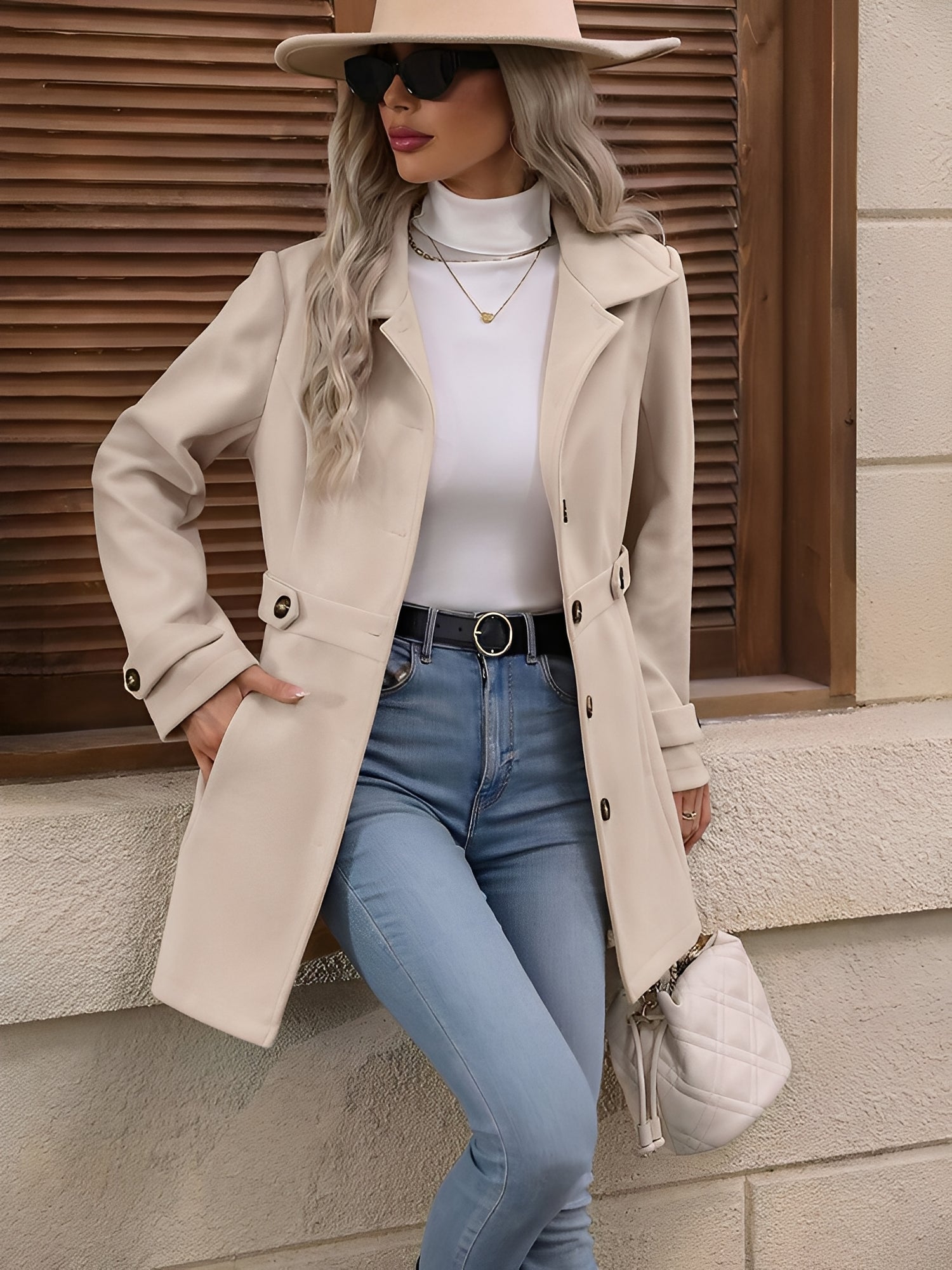 Elegant Winter Trench Coat for Women with Notch Collar Belted Waist Double Breasted Style