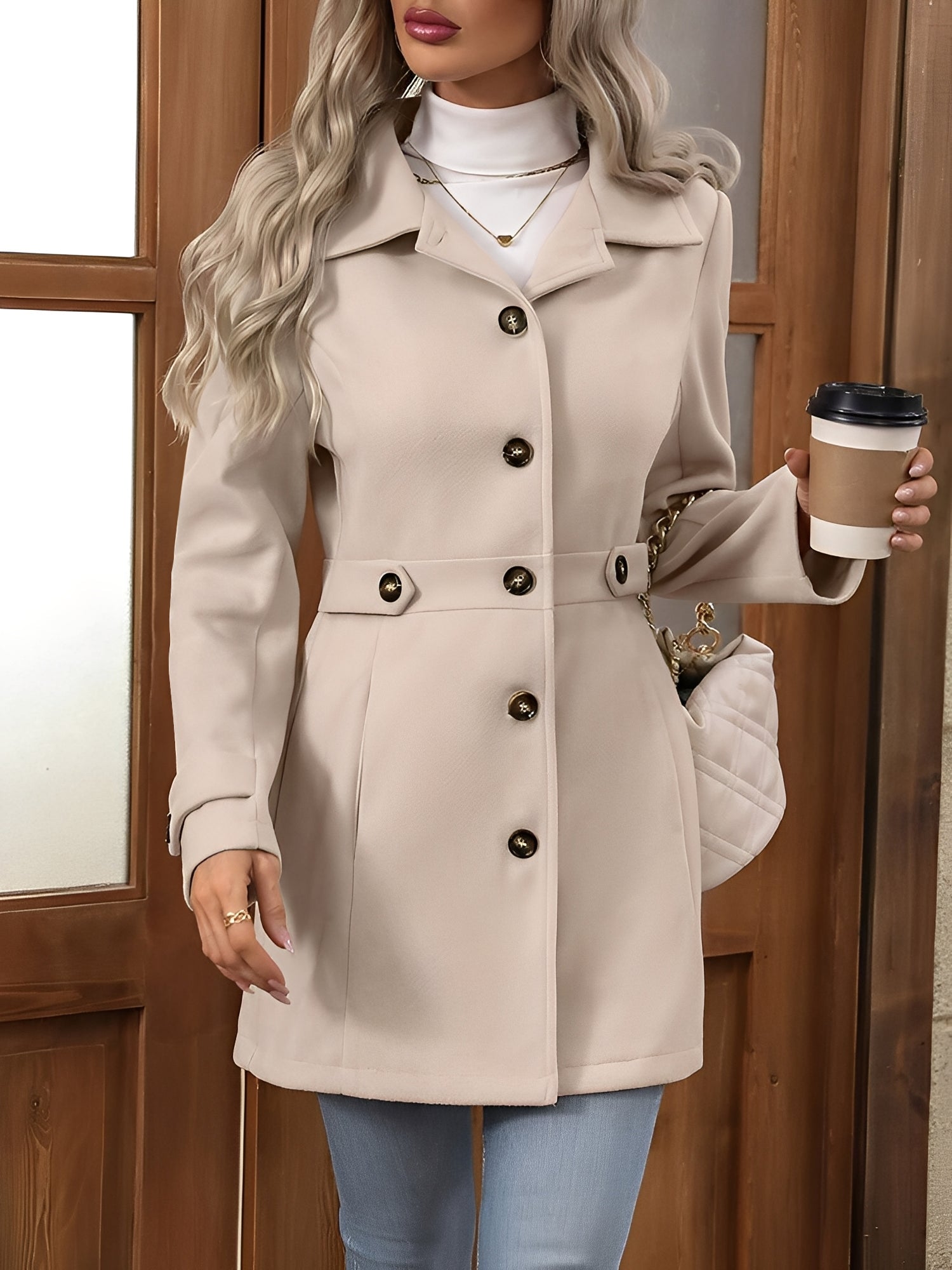 Elegant Winter Trench Coat for Women with Notch Collar Belted Waist Double Breasted Style