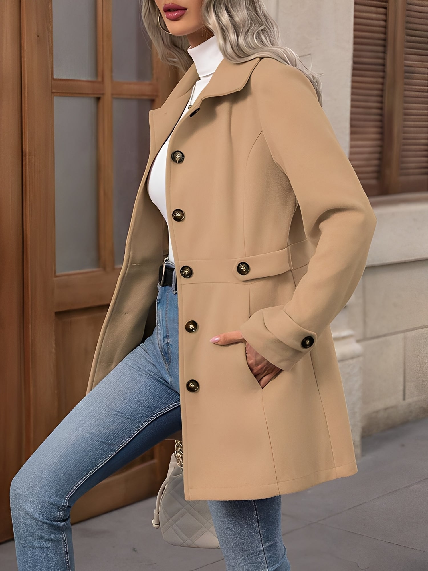 Elegant Winter Trench Coat for Women with Notch Collar Belted Waist Double Breasted Style