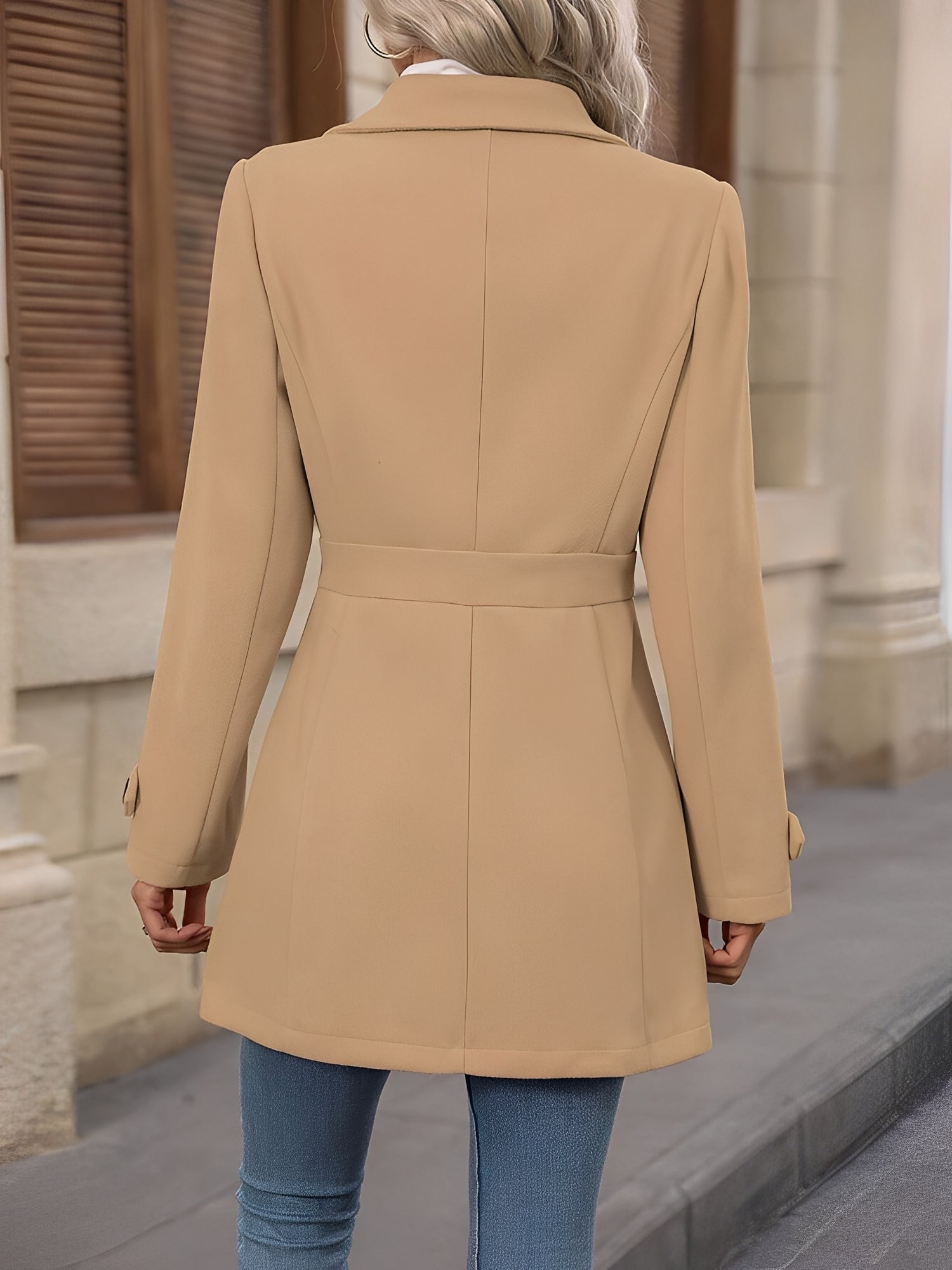 Elegant Winter Trench Coat for Women with Notch Collar Belted Waist Double Breasted Style