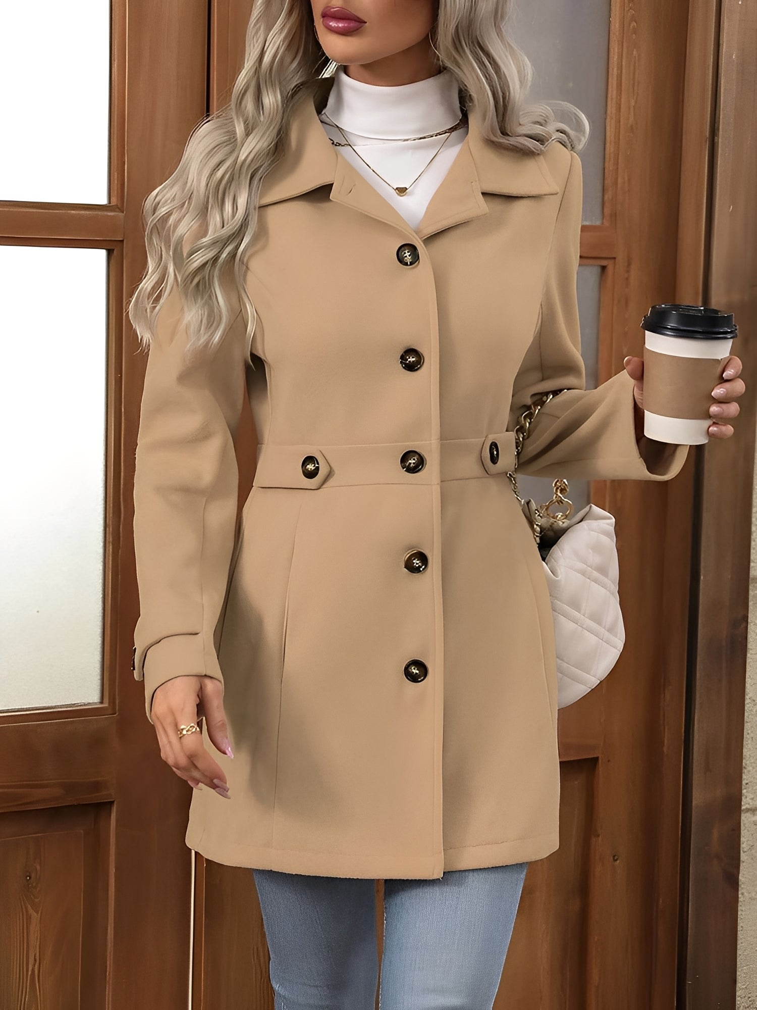 Elegant Winter Trench Coat for Women with Notch Collar Belted Waist Double Breasted Style