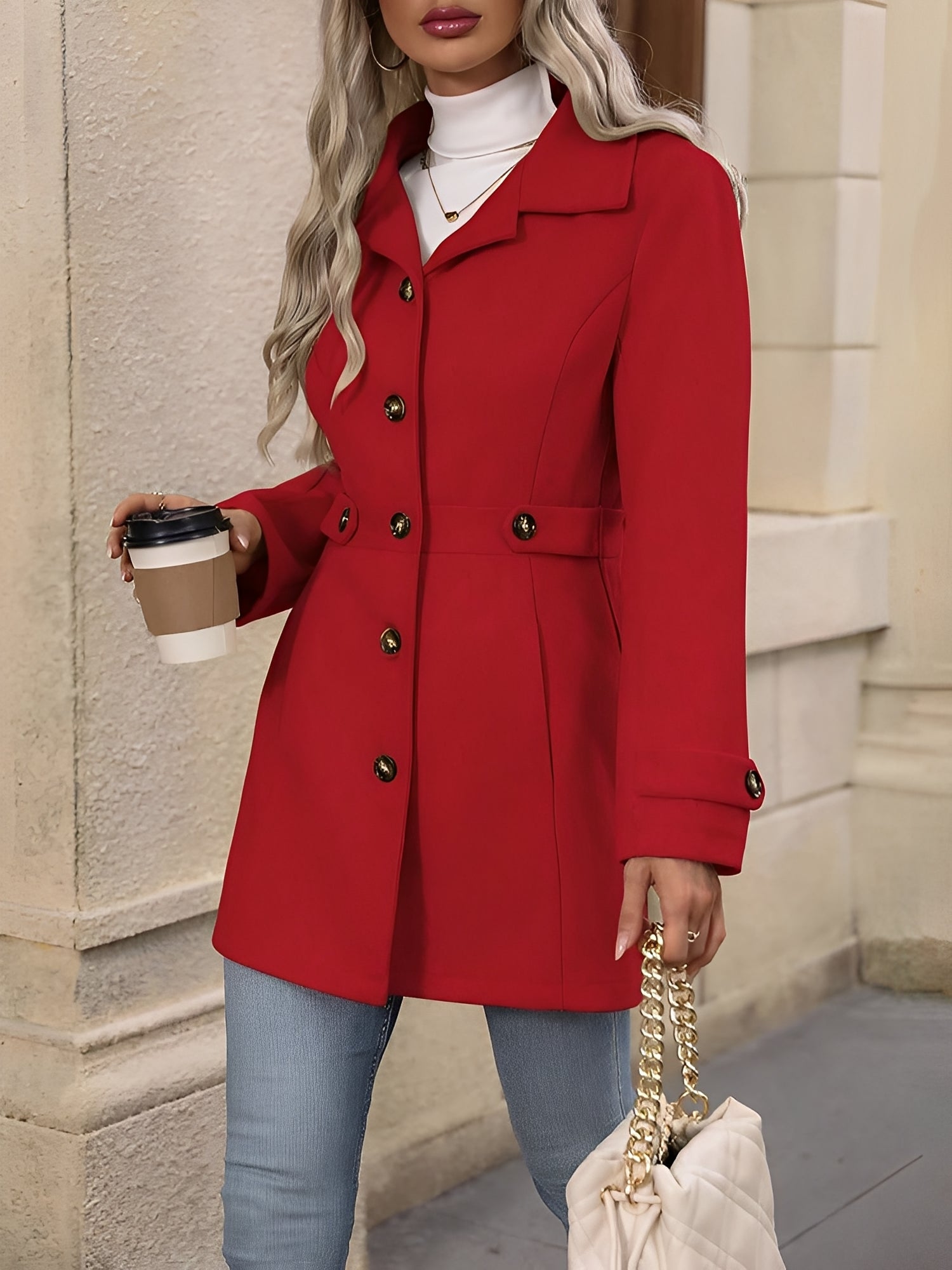 Elegant Winter Trench Coat for Women with Notch Collar Belted Waist Double Breasted Style