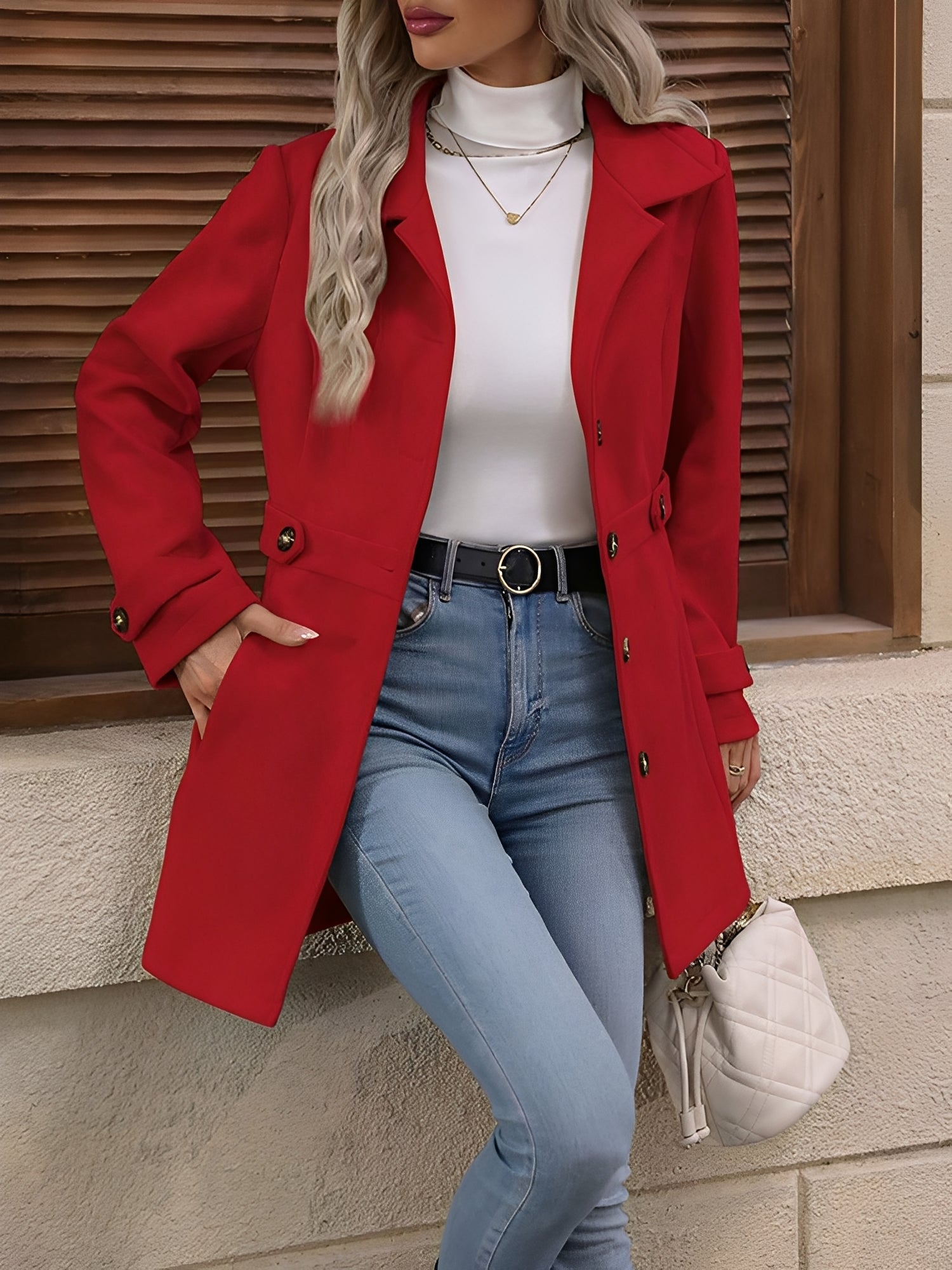 Elegant Winter Trench Coat for Women with Notch Collar Belted Waist Double Breasted Style