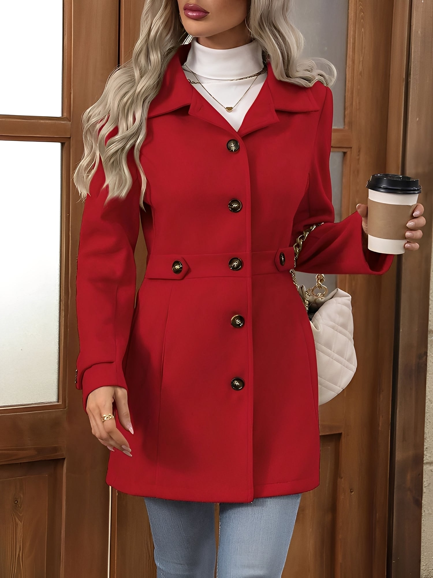Elegant Winter Trench Coat for Women with Notch Collar Belted Waist Double Breasted Style