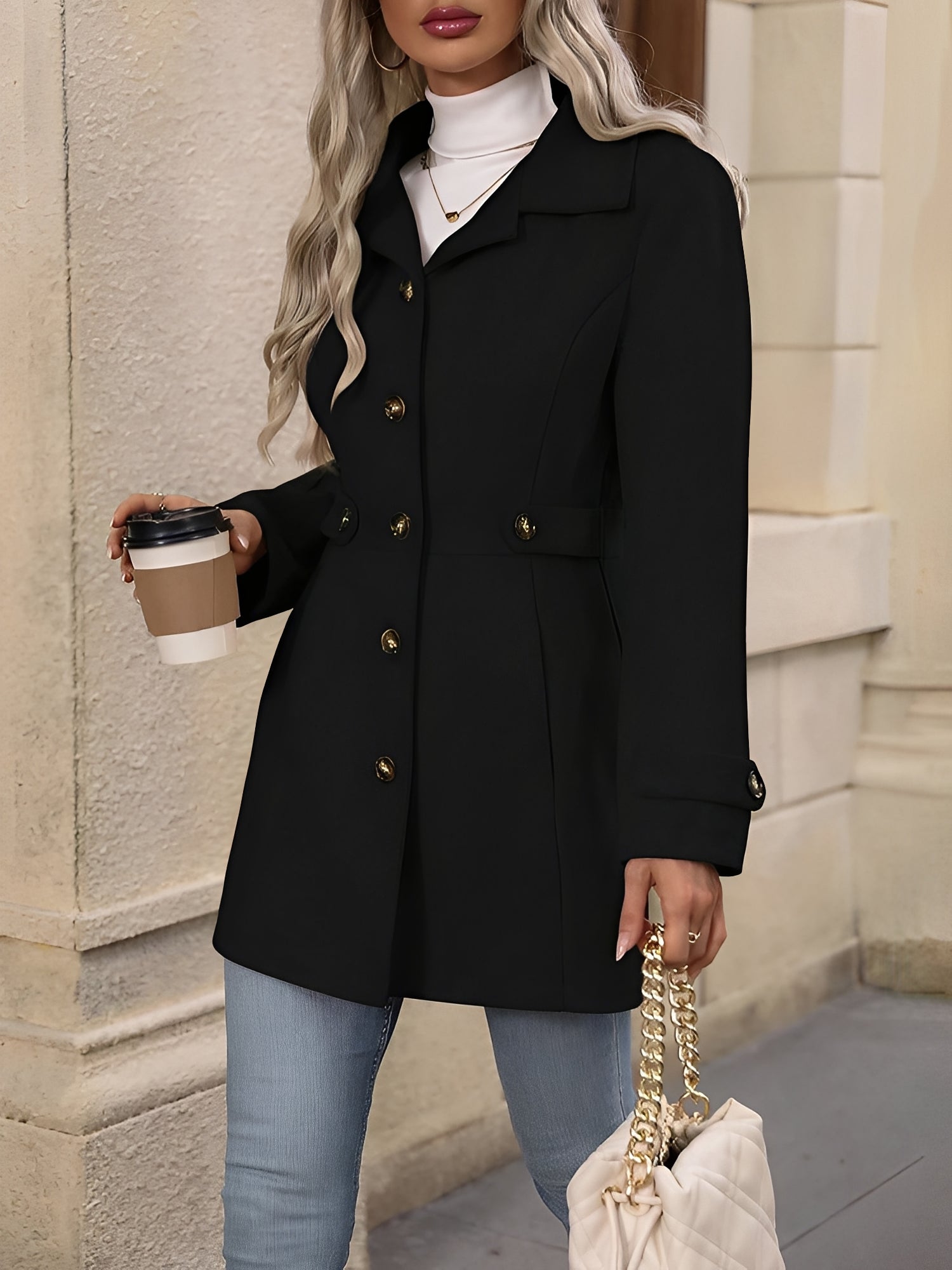 Elegant Winter Trench Coat for Women with Notch Collar Belted Waist Double Breasted Style