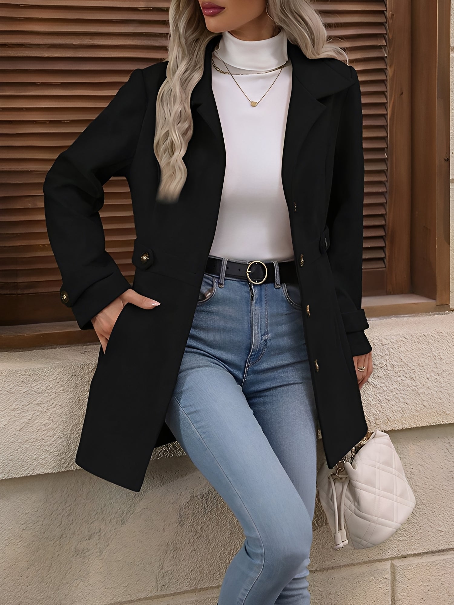 Elegant Winter Trench Coat for Women with Notch Collar Belted Waist Double Breasted Style