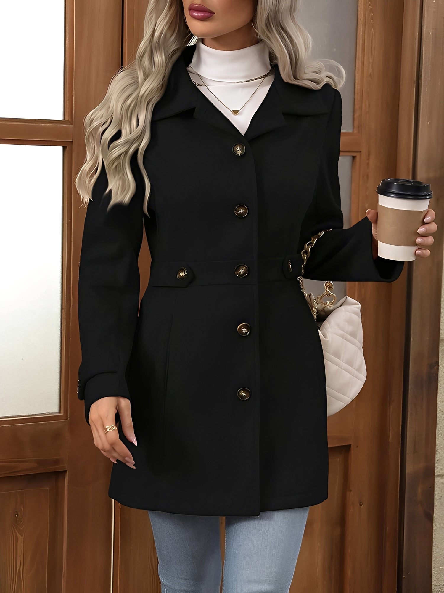 Elegant Winter Trench Coat for Women with Notch Collar Belted Waist Double Breasted Style