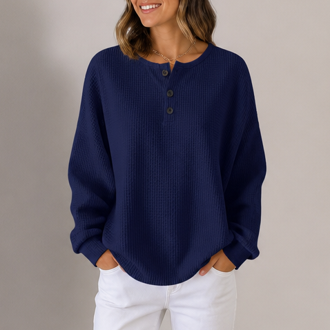 Comfortable Waffle Knit Henley Top for Women with Round Neck Long Sleeve Oversized Fall Style