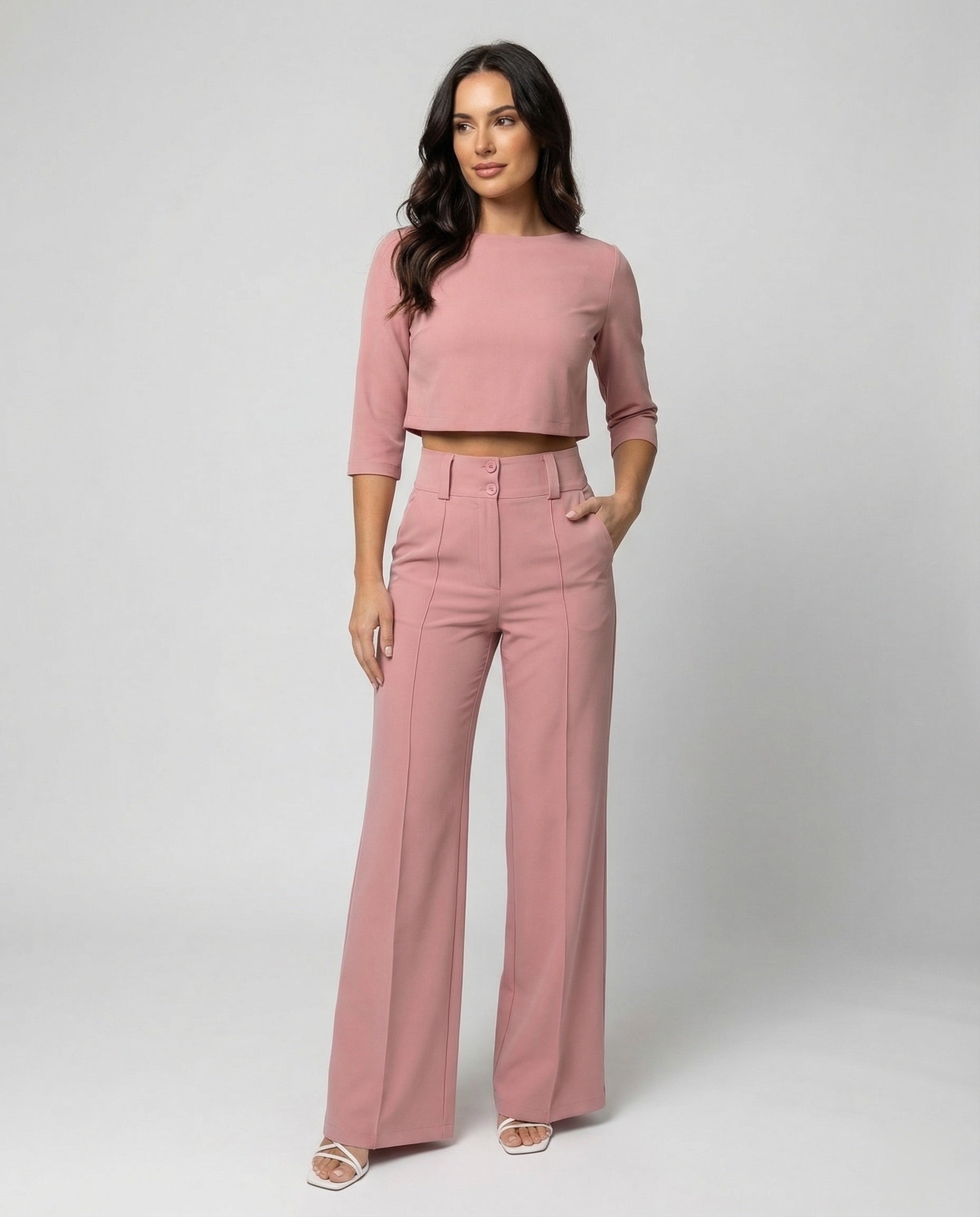 Stylish Two Piece Set for Women with Crop Top Elbow Sleeve High Waist Wide Leg Pants Casual Elegant Style