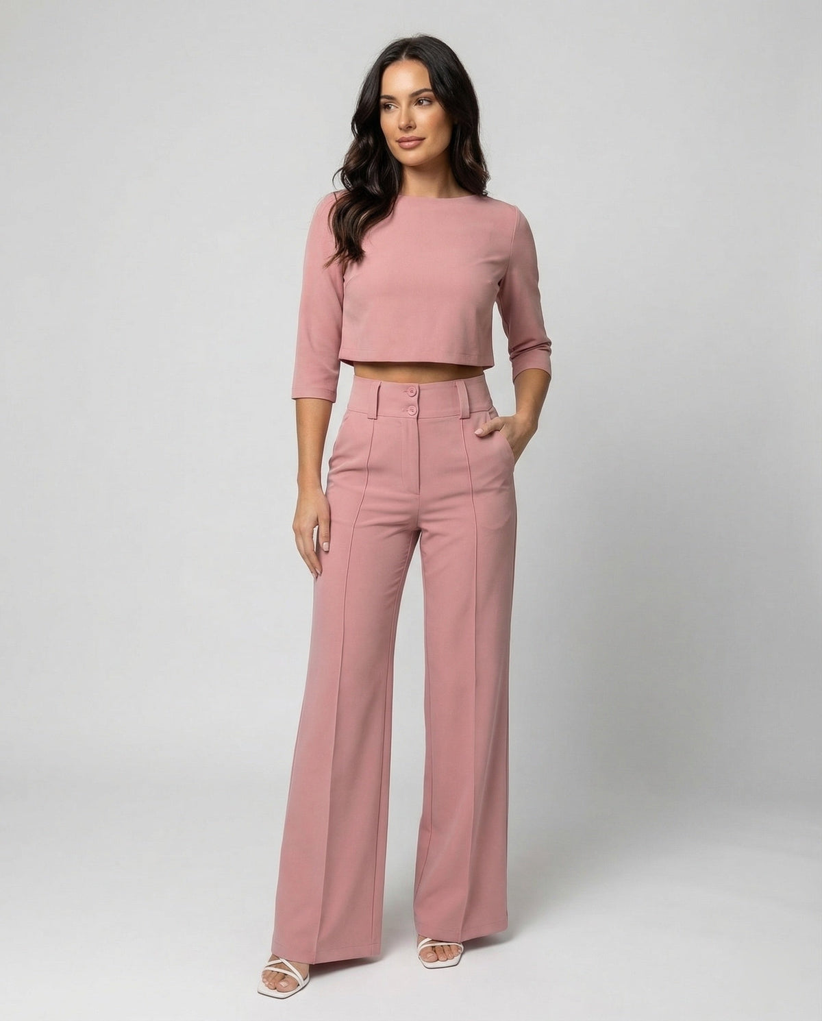 Stylish Two Piece Set for Women with Crop Top Elbow Sleeve High Waist Wide Leg Pants Casual Elegant Style