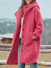 Elegant Wool Winter Coat for Women Long Overcoat with Hooded Button Front Full Sleeve Oversized Style