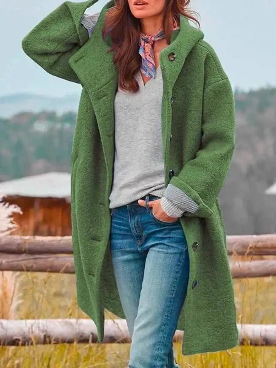 Elegant Wool Winter Coat for Women Long Overcoat with Hooded Button Front Full Sleeve Oversized Style