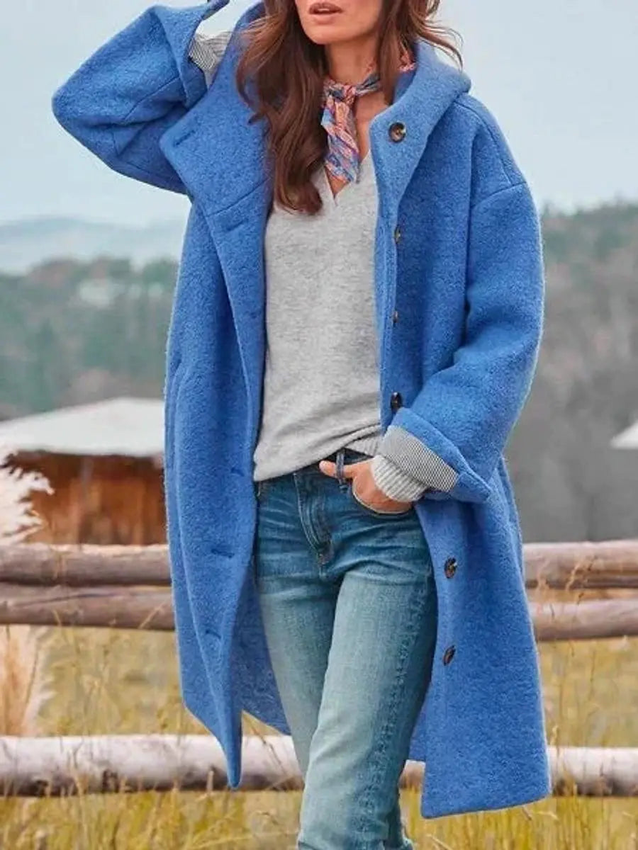 Elegant Wool Winter Coat for Women Long Overcoat with Hooded Button Front Full Sleeve Oversized Style