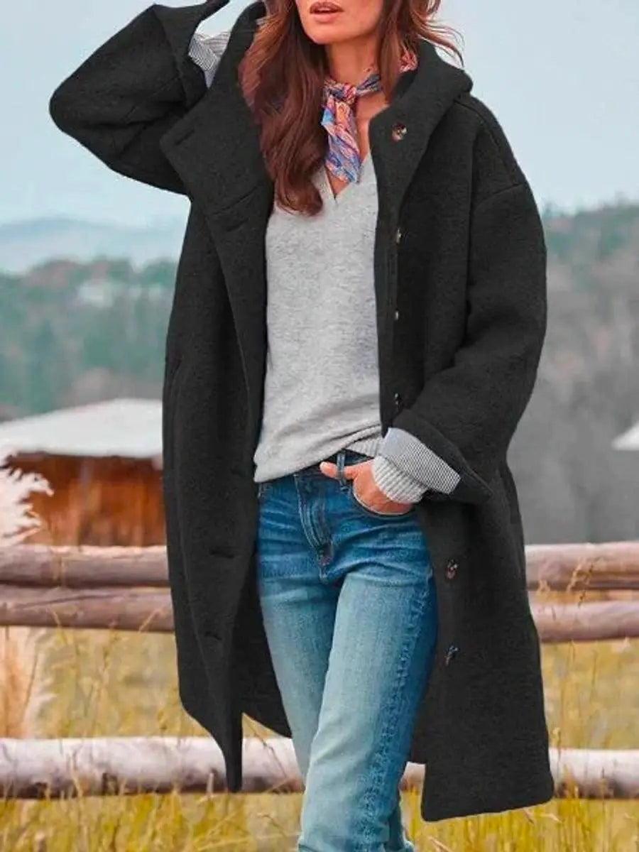 Elegant Wool Winter Coat for Women Long Overcoat with Hooded Button Front Full Sleeve Oversized Style