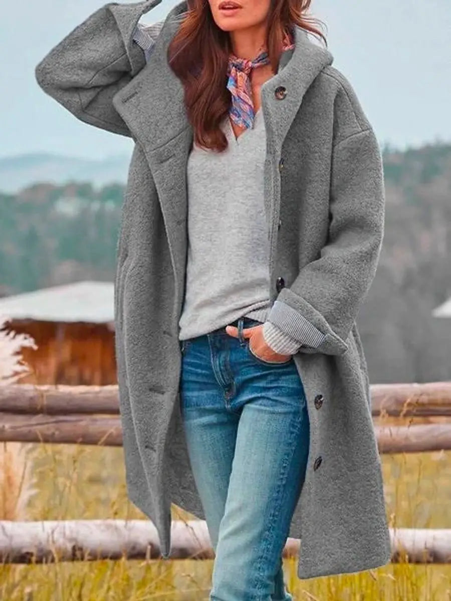 Elegant Wool Winter Coat for Women Long Overcoat with Hooded Button Front Full Sleeve Oversized Style