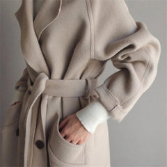 Elegant Double Breasted Long Winter Coat for Women Overcoat with Notched Lapel Long Sleeve Belted Relaxed Style