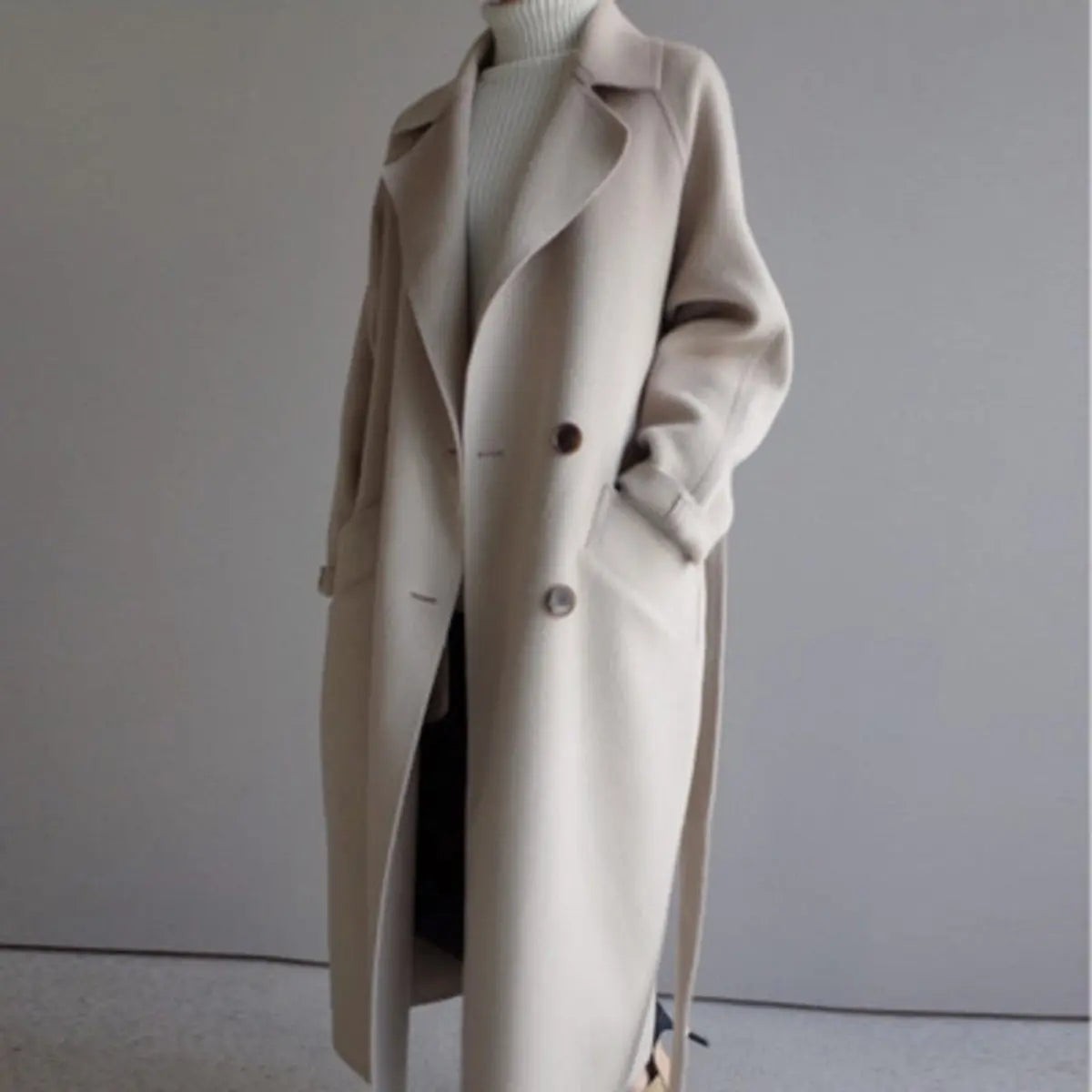 Elegant Double Breasted Long Winter Coat for Women Overcoat with Notched Lapel Long Sleeve Belted Relaxed Style