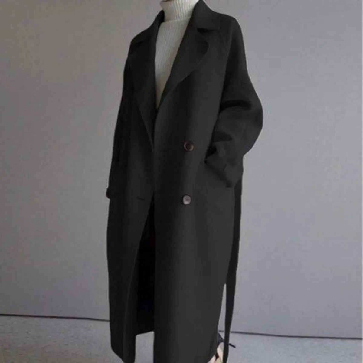 Elegant Double Breasted Long Winter Coat for Women Overcoat with Notched Lapel Long Sleeve Belted Relaxed Style